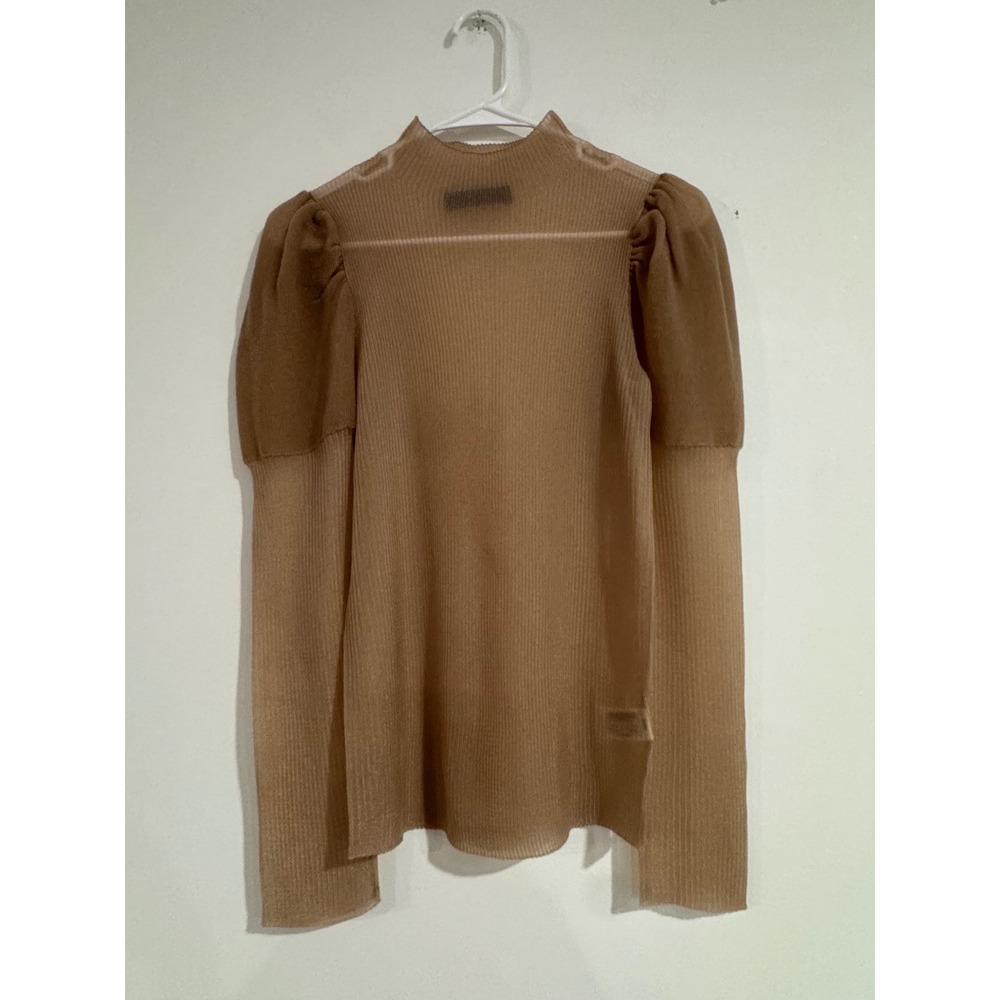 Zara Sheer Ribbed‎ Metallic Knit Top Womens M Gold Puff Sleeve Mock Neck